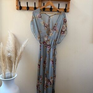 Floral V-Neck Maxi Dress in Dusty Blue